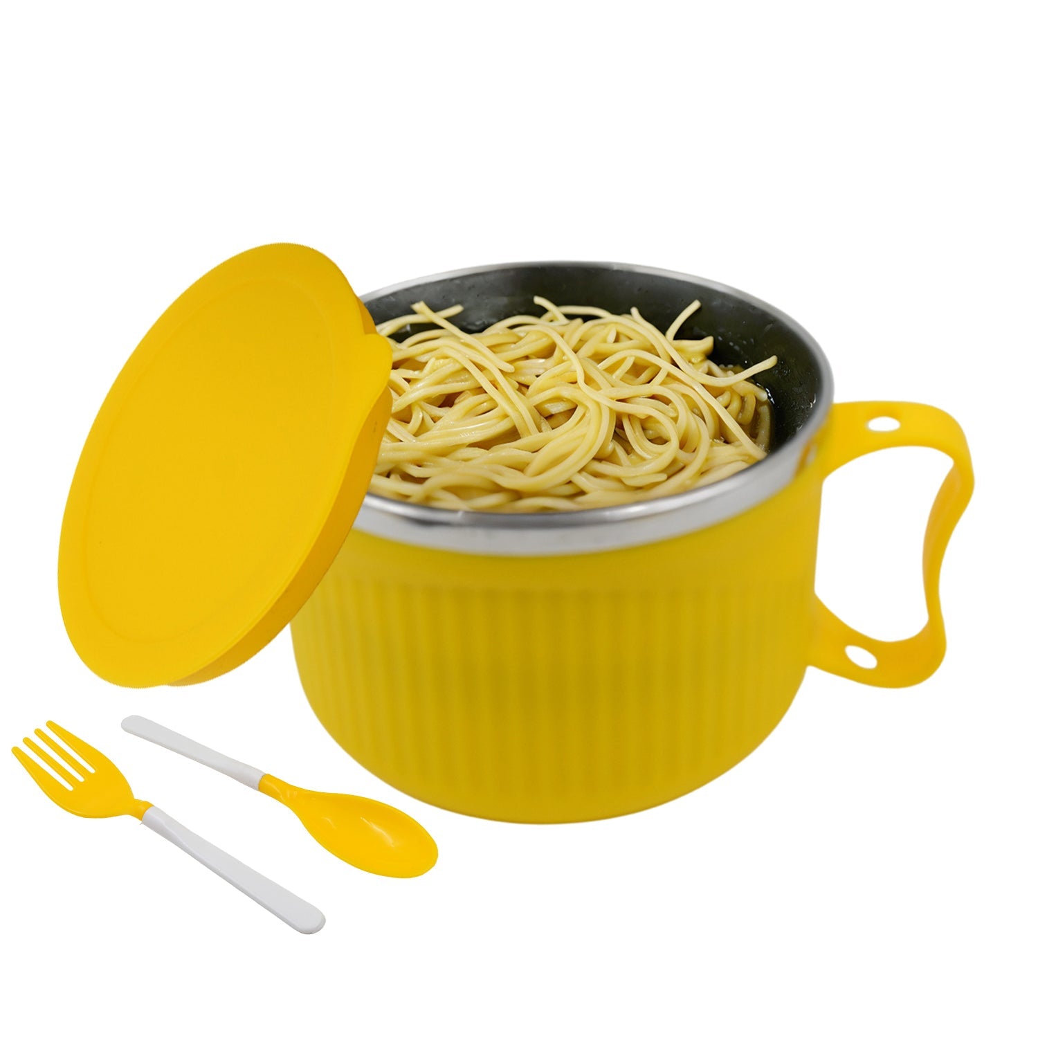 White bowl with handle and lid, perfect for soups, cereals, and snacks. Double-layered for extra durability. White bowl with handle and lid, perfect for soups, cereals, and snacks. Double-layered for extra durability.